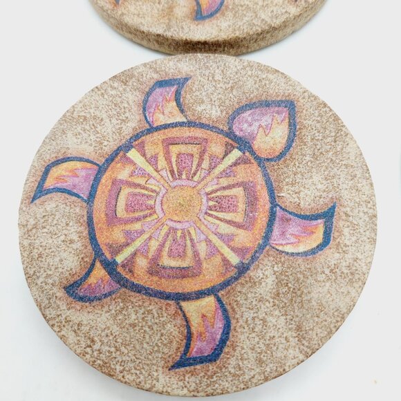Sea Turtle Stone Coaster Set Of 4 Round Cork Back READ - Picture 3 of 8